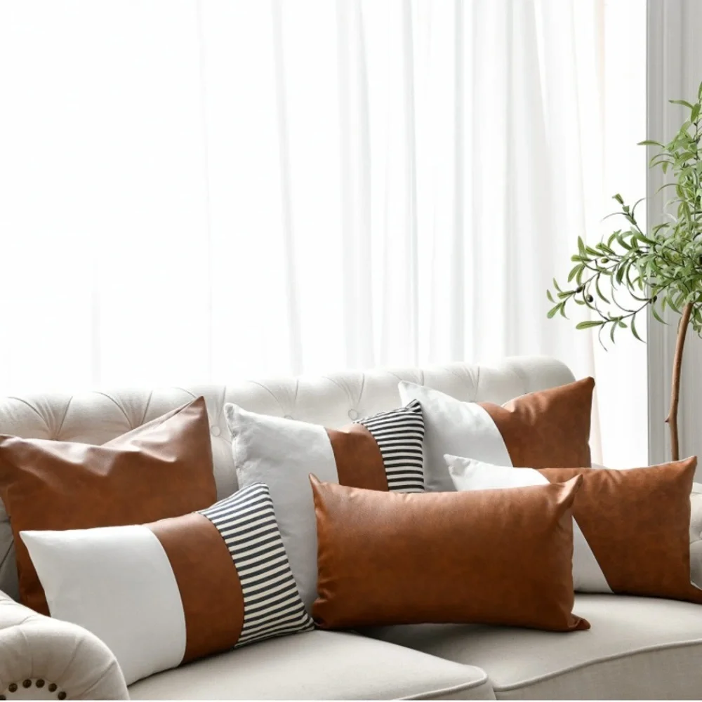 Luxury Home | Rustic Farmhouse Grey Striped Faux Leather Throw Pillow Covers